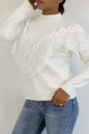 Very soft white jumper with high collar and retro-style embroidered frill.