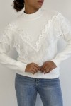 Very soft white jumper with high collar and retro-style embroidered frill.