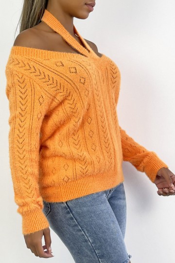 Very soft vitaminized orange jumper with bare shoulders and openwork pointelle details.