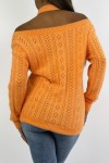 Very soft vitaminized orange jumper with bare shoulders and openwork pointelle details.