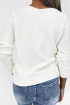 Short white sweater with braided V-neck and lace that unfolds in the center of the top.