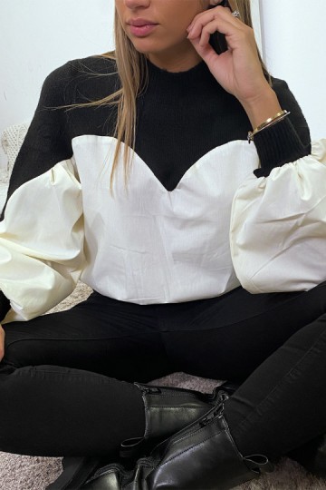 Black bi-material jumper with puff sleeves.