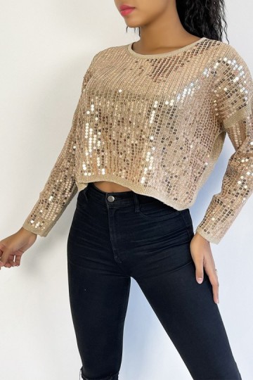 Short sequined powder pink jumper in fluid knit and trendy round neck.