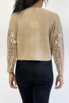 Short sequined powder pink jumper in fluid knit and trendy round neck.