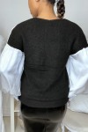Black satin sweater gathered at the bust and sleeves.