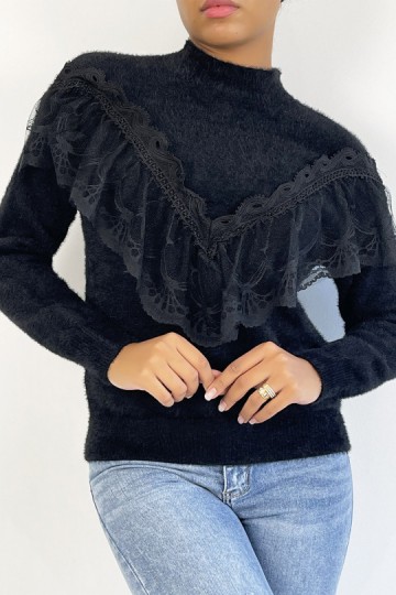 Very soft black jumper with high collar and retro style embroidered frill.
