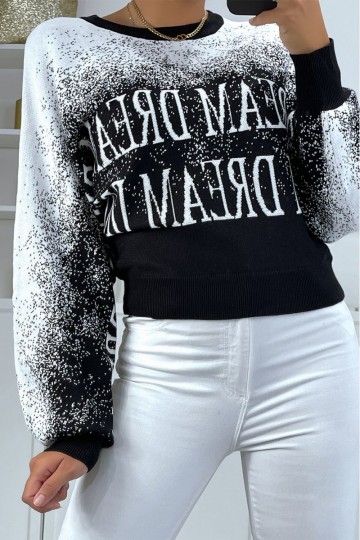Black jumper with white gradient in stretch material with puffy effect and inscription.