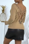 Fluffy camel openwork sweater in the back.