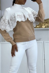 Loose-fitting taupe and white two-tone cropped jumper with high collar and lace veil at the chest.