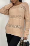 Openwork pink sweater with round neck in soft and warm knit.