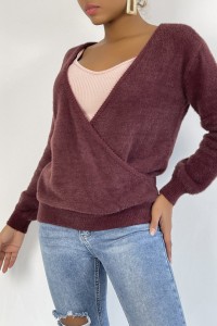 Oversized fluffy burgundy wrap-over jumper.