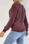 Oversized fluffy burgundy wrap-over jumper.