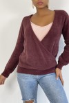 Oversized fluffy burgundy wrap-over jumper.