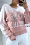 Pink to white faded jumper in stretch material with a puffy effect and inscription.