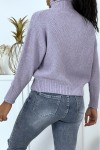 Chunky lilac sweater with stand-up collar.