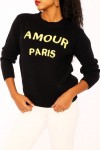Black round neck sweater with AMOUR PARIS inscription.