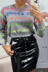 Gray viscose sweater with fluo writing