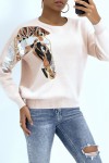 Pink jumper with horse motif in sequins.