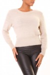 Soft and warm taupe cropped sweater with a plunging neckline in the back and a lace pattern.