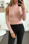 Pink Ribbed Off Shoulder High Neck Sweater