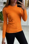 ORANGE SWEATER WITH JACQUARD PATTERN AND RIBBED SLEEVES.