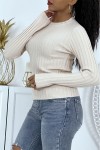 Beige ribbed sweater with a very tight stand-up collar.