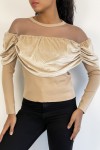 Beige velvet effect top and transparent mesh at the shoulders for a boat neck effect.