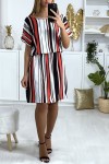 Red, white and black rose pattern striped tunic dress with elastic waistband.