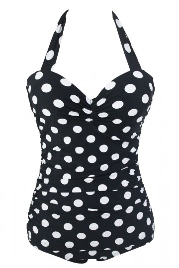 Black swimsuit with white polka dots