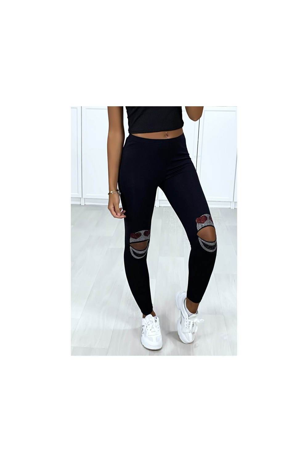 Women's black cotton leggings with openings and rhinestones at the knees. -  SARL G2TO