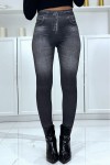 Legging noir taille haute et molletonné motif jean délavé