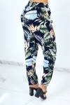 Straight-cut fluid navy pants with blue and green leaf pattern