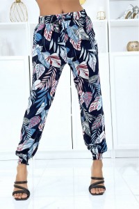 Navy fluid foliage trousers with elastic waist and ankles
