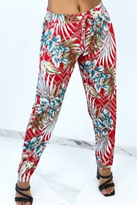 Red flowing pants with dotted stripes and floral print