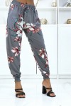 Gray floral pants, fluid elastic waist and ankles