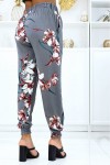Gray floral pants, fluid elastic waist and ankles
