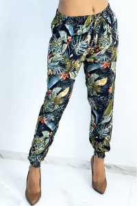 Fluid navy pants with multicolored tropical pattern