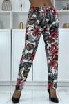 Flowing white pants with floral pattern