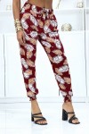 Fluid burgundy foliage trousers with elastic waist and ankles