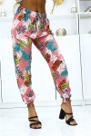 Fluid pink foliage pants with elastic waist and ankles