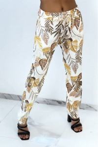 Fluid beige straight-cut pants with multicolored feather print
