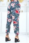 Gray pants with floral pattern, fluid elastic waist and ankles