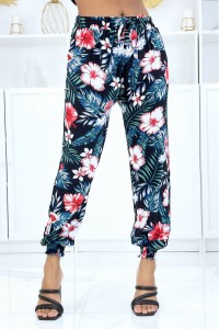 Black pants with floral pattern, fluid elastic waist and ankles