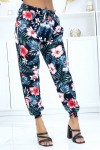 Black pants with floral pattern, fluid elastic waist and ankles