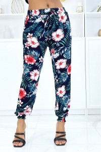 Navy pants with floral pattern, fluid elastic waist and ankles