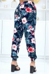 Navy pants with floral pattern, fluid elastic waist and ankles