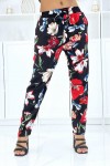 Black pants with floral pattern, fluid elastic at the waist