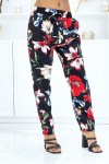 Black pants with floral pattern, fluid elastic at the waist