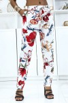 Pantalon blanc à motif floral, fluide élastique à la taille