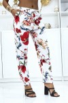 Pantalon blanc à motif floral, fluide élastique à la taille